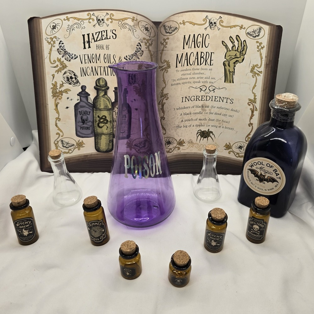Lot of Halloween Apothecary Jars And Bottles with Labels, & Sign decor.